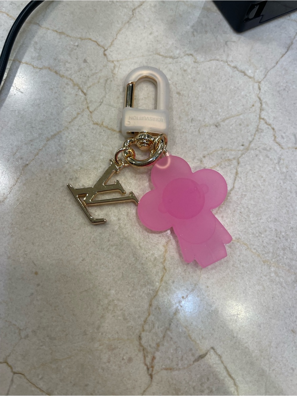 Upcycled  new Louis Vuitton Pink Flower Charm Keyring with Gold LV Initial